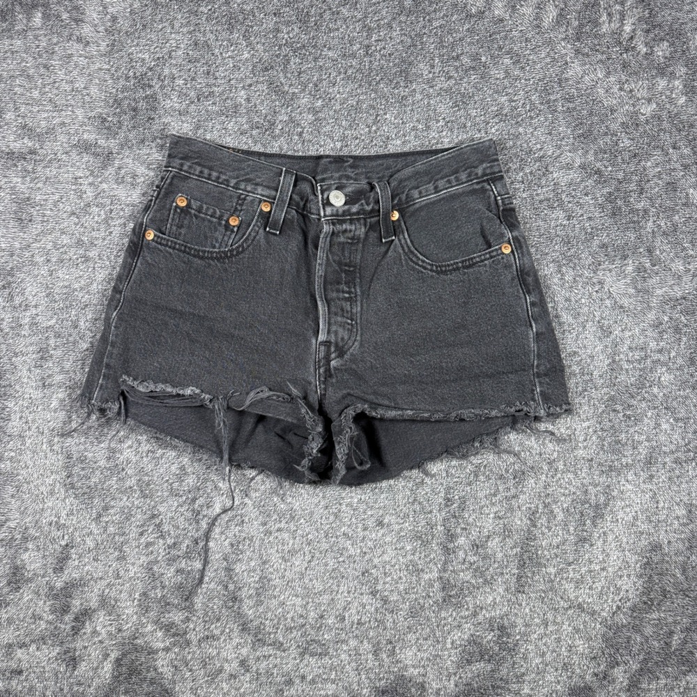 Levis 501 Original High Rise Denim Shorts Black Cut Off Button Fly W25